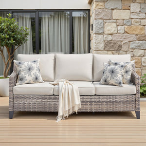 English Elm 73.2" Outdoor Handwoven Rattan 3 Seat Sofa with Olefin Cushions for Porch or Patio Beige T3773P416337