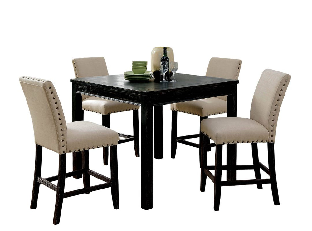 English Elm Rustic 5-Pc Counter Height Dining Set with Square Wood Table, Fabric Cushioned Chairs, Distressed Charm B2741P384492