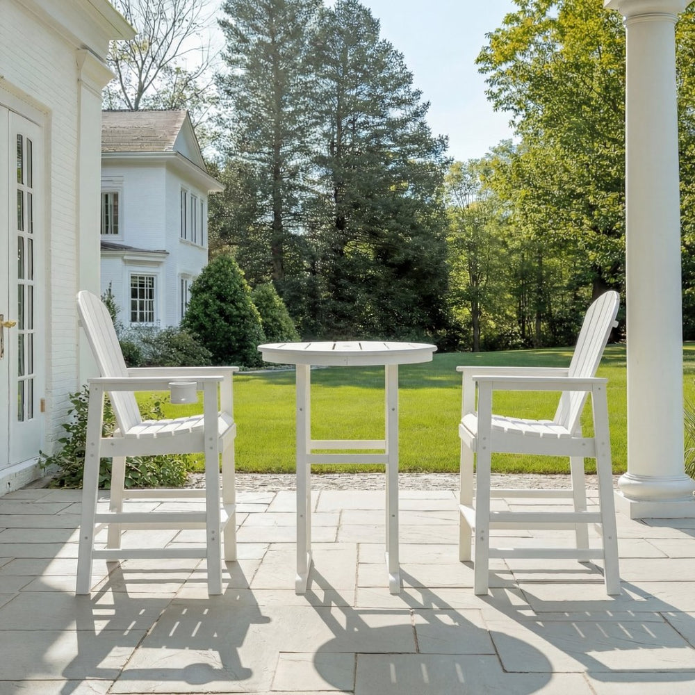 English Elm 3-piece Hdpe Outdoor Bar Height Bistro Set with Round Pub Table and Two Stools Cottage White,Creamy White,White W3566S00030