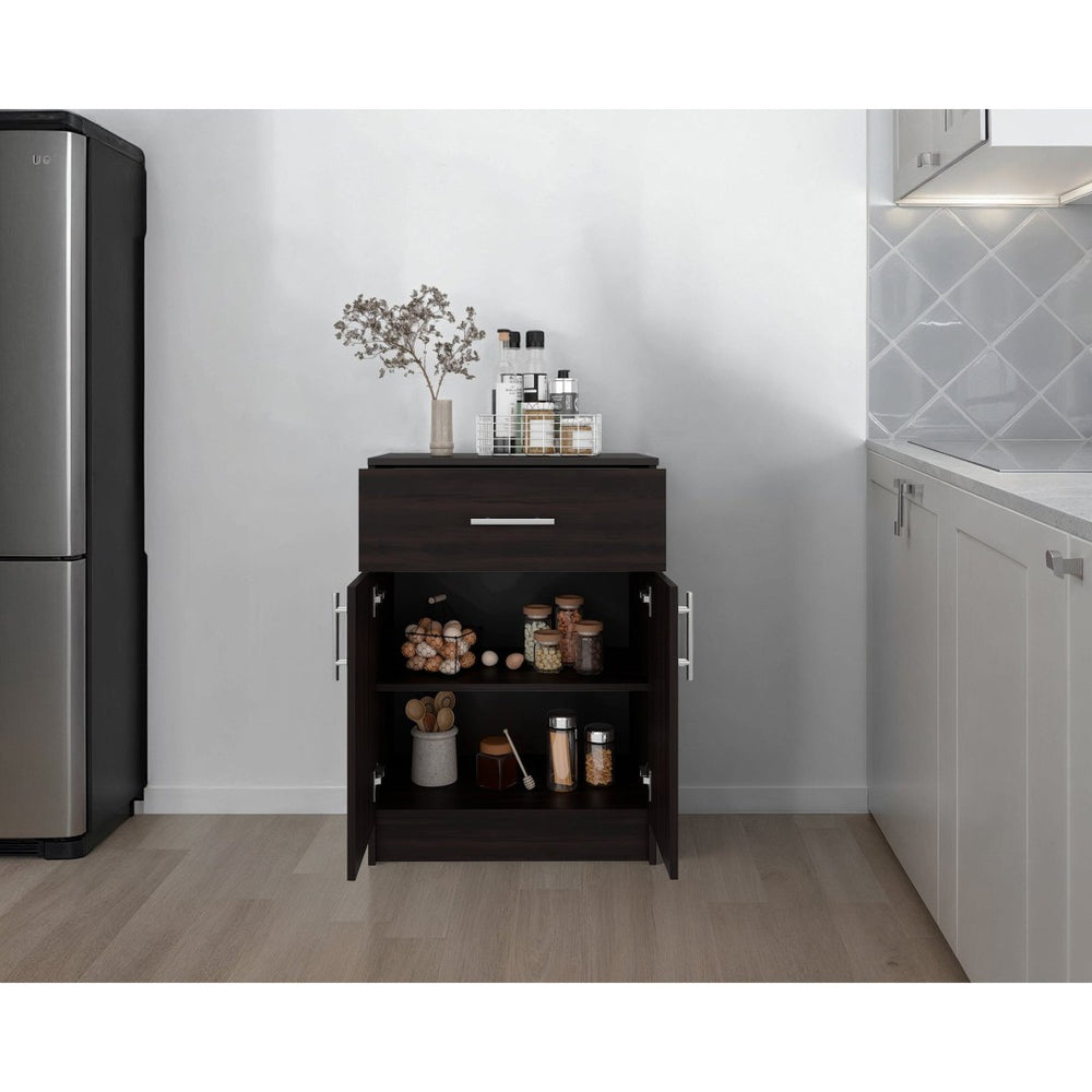 English Elm White Tall Narrow Kitchen Pantry Cabinet with Open Shelves and Concealed Storage Door B062P483730