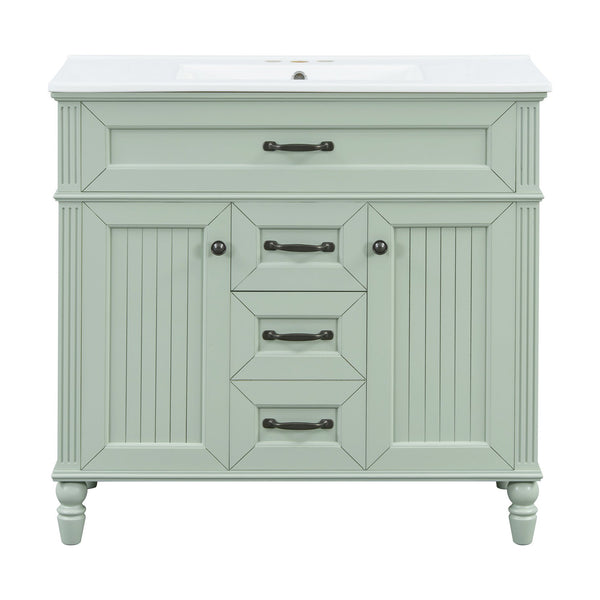 English Elm 36 Inch Bathroom Vanity with Ceramic Sink, Durable MDF & Solid Wood Frame, Soft-Close Doors, Luxe Handles, Ample Organized Storage, Modern Freestanding Design Green N725P314034F