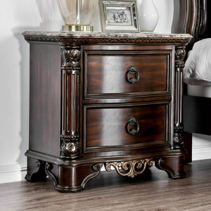 English Elm Genuine Marble Top Nightstand with 2 Drawers, Brown Cherry — Carved Rope Trim, Antique Bronze Pulls B016P251479