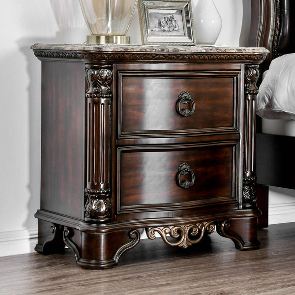 English Elm Genuine Marble Top Nightstand with 2 Drawers, Brown Cherry — Carved Rope Trim, Antique Bronze Pulls B016P251479