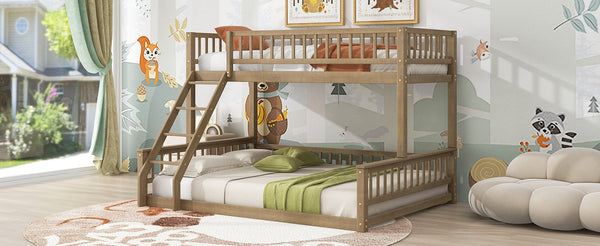 English Elm Twin Twin XL over Queen bunk bed with ladder and guardrails, sturdy pine MDF frame for small rooms Walnut GX000464AAD