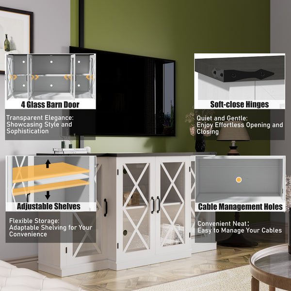 English Elm Farmhouse Rustic TV Stand with Barn Doors and Cable Management — Spacious Wooden Media Console White 68.9 L x 17.72 W x 6.77 H T3609P332399