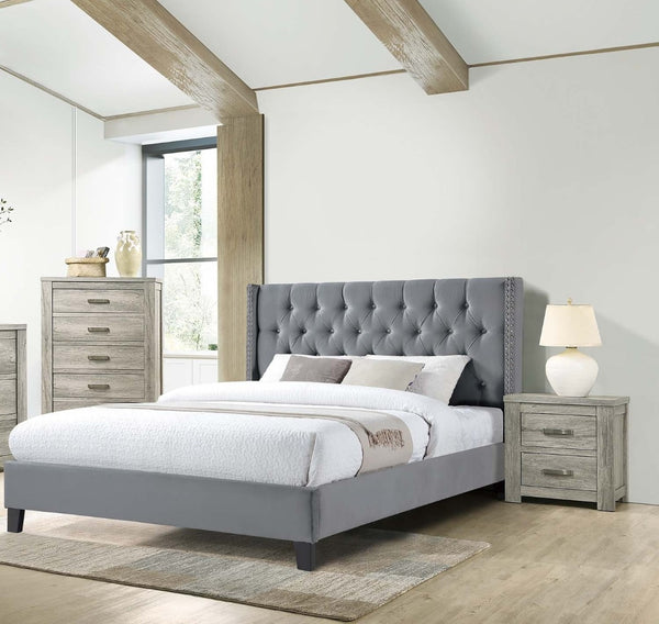 English Elm Full Size Gray Velvet Platform Bed Diamond Tufted Upholstered Headboard Nailhead Trim B011S02056