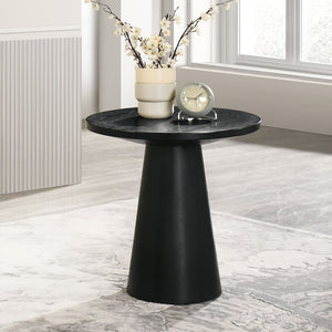 English Elm Unique Cone Base Pedestal End Table Contemporary Round Accent Table Rubberwood & Veneer Durability Black 24 L x 24 W x 4 H B2741S00444