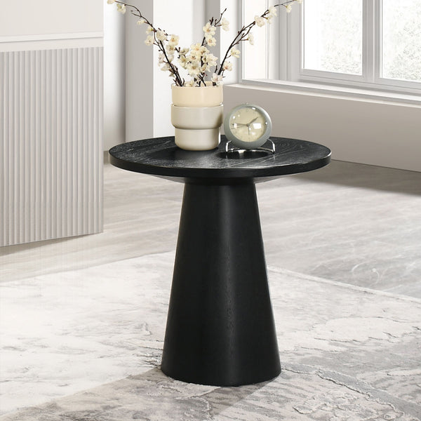 English Elm Unique Cone Base Pedestal End Table Contemporary Round Accent Table Rubberwood & Veneer Durability Black 24 L x 24 W x 4 H B2741S00444