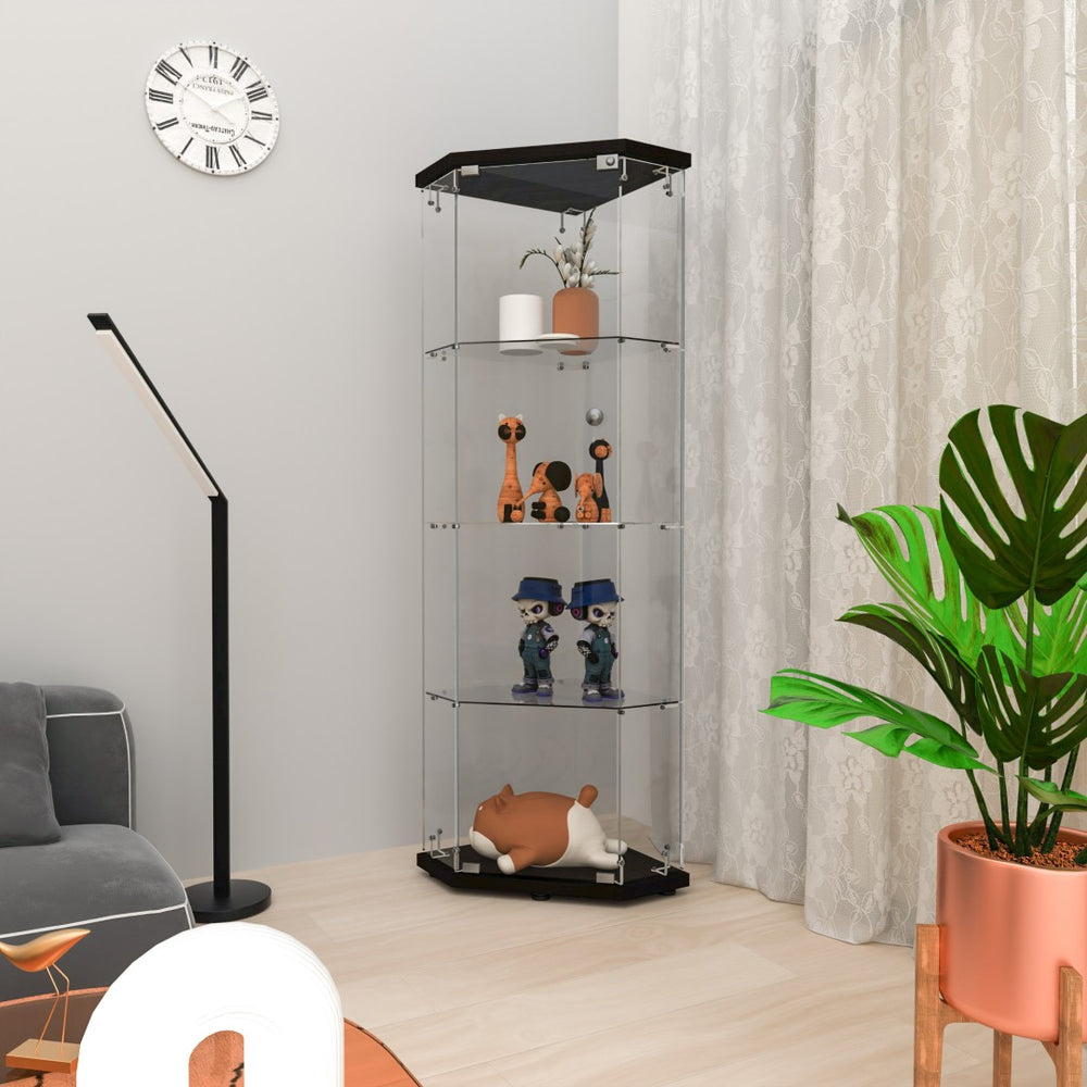 English Elm Glass Pentagon Curio Cabinet Frameless Tempered Shelves Matte Black Living Room Display W1806P476367