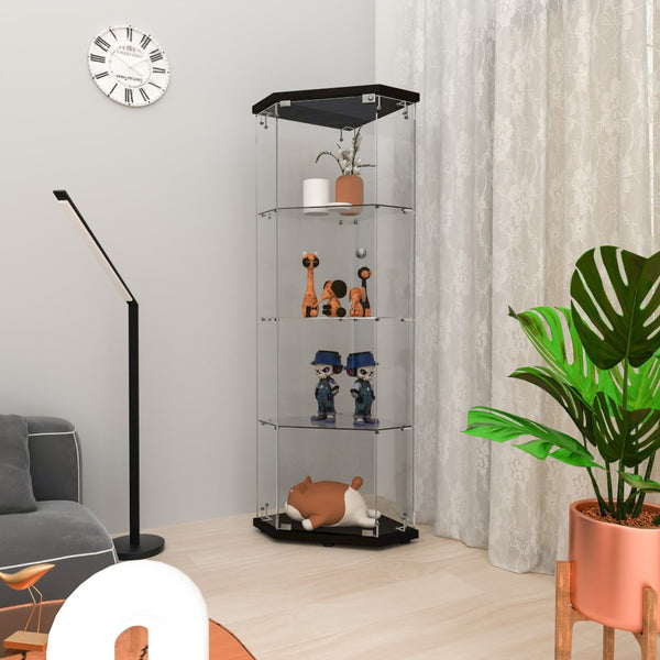 English Elm Glass Pentagon Curio Cabinet Frameless Tempered Shelves Matte Black Living Room Display W1806P476367