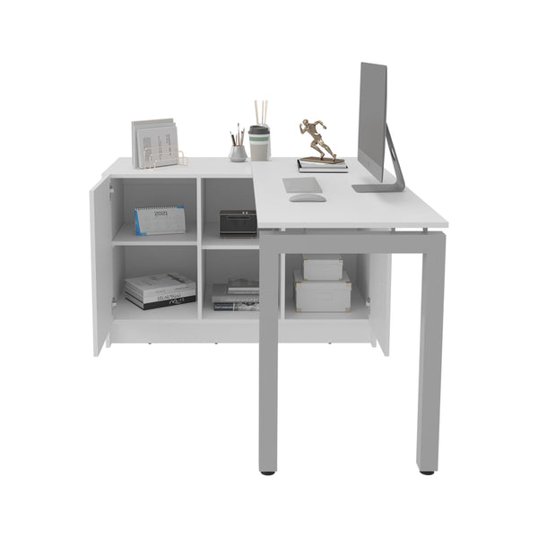 English Elm Desk Corner L-Shaped 28.5" H White Engineered Wood with 2 Doors, 5 Shelves, Space-Saving Office Organizer B097S00199