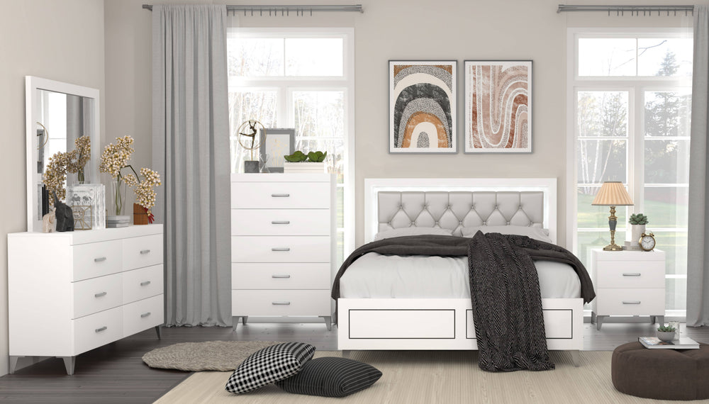 English Elm Grey Queen LED Bed with Padded Headboard, 12-Slat Support & Sturdy Legs for Comfort and Durability B062P215387