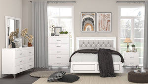 English Elm Grey Queen LED Bed with Padded Headboard, 12-Slat Support & Sturdy Legs for Comfort and Durability B062P215387