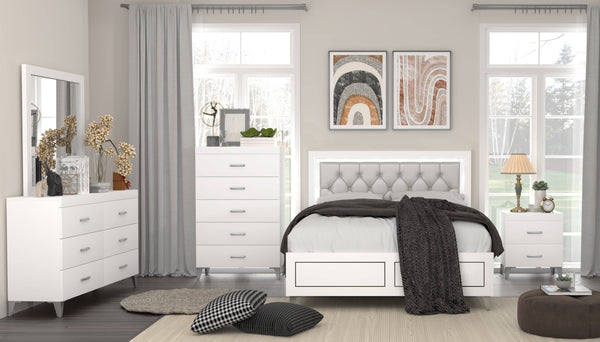 English Elm Grey Queen LED Bed with Padded Headboard, 12-Slat Support & Sturdy Legs for Comfort and Durability B062P215387