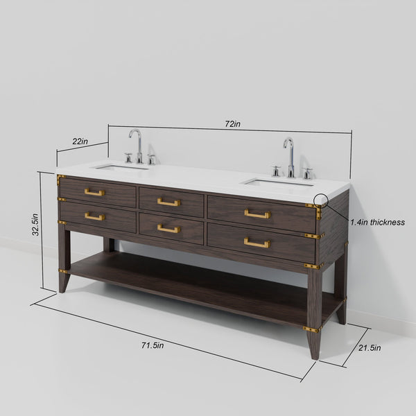 English Elm Brown Oak Double Bath Vanity Set With White Quartz Top, Faucets & Mirrors – Elegant Storage Solution B2731S01897