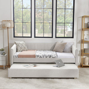 English Elm Twin Size Daybed With Trundle - Elegant Upholstered Sofa Bed In Beige Linen With Stripes, Space-Saving W1413S00090-GIGA