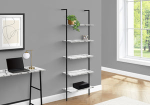 English Elm Bookshelf, 5-Tier Ladder Design With White Marble-Look Shelves & Black Metal Frame For Modern Spaces B2710P219407