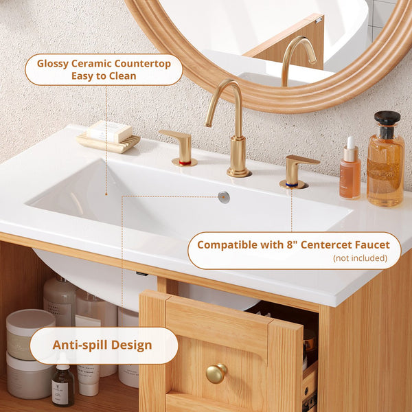 English Elm 30 Inch Bathroom Vanity with Ceramic Sink, Grey Farmhouse Cabinet w/3 Soft-Close Drawers & Storage N710P333972P