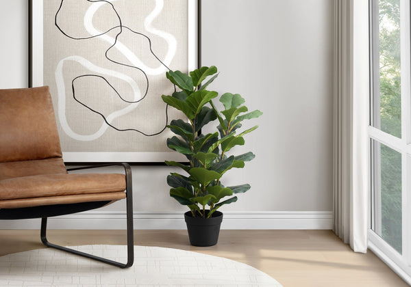 English Elm Artificial Fiddle Leaf Fig Tree, 32" Tall Indoor Faux Plant In Black Pot - Realistic Greenery Décor B2710P220025