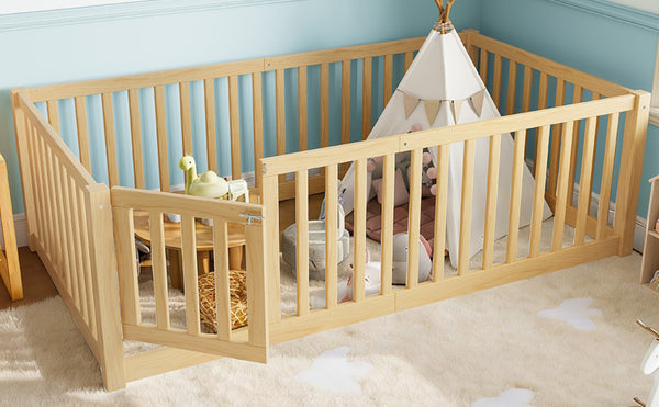 English Elm Twin Floor Bed Pine Wood Frame with Guardrails and Door for Safe Toddler Sleep Natural W1580P417669
