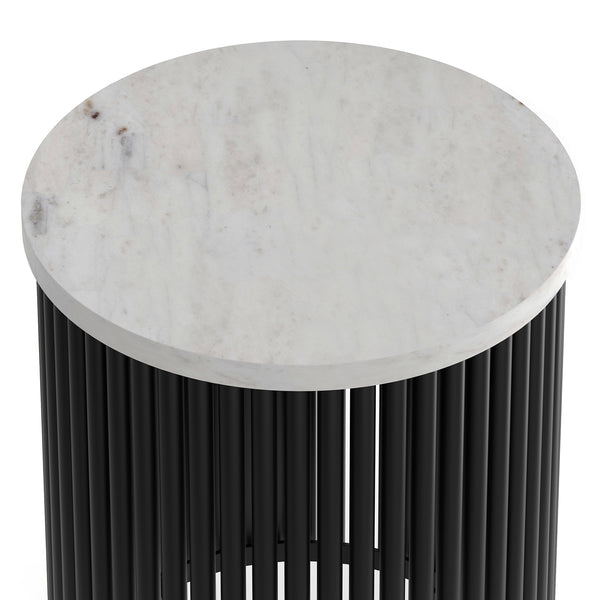 English Elm Demy White Marble Accent Table with Black Slatted Metal Base, Compact Round End Table, 21" H B136P159934