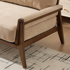 English Elm Mid-century Modern Boucle Upholstered Three Seat Sofa with Walnut Finish Wood Legs Camel N773P411407N