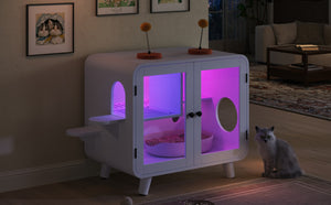 English Elm Cat Litter Box Enclosure Mdf Cabinet with Rgb Lighting Glass Doors and Play Loft White N704P419240K