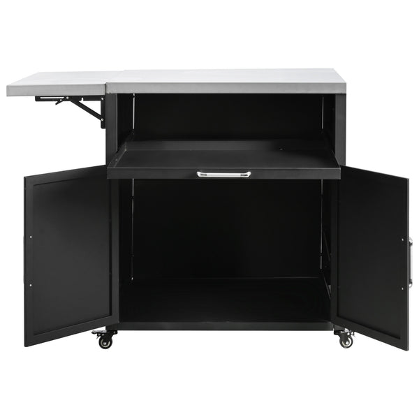 English Elm Versatile Outdoor Cabinet with Foldable Stainless Top, Extendable Iron Panel, Locking Wheels, Matte Black N719P244805B