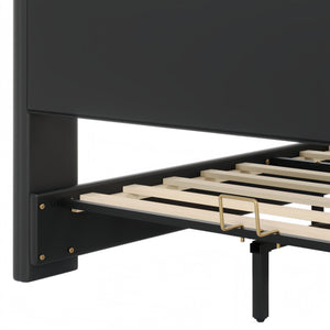 English Elm Christopher Knight Home® - King PU Leather Bed Frame with Wingback Headboard & Footboard, Gold Accents, Platform Slat Support, Elegant Design Black 85 L x 10 W x 3.25 H N761S0000017B