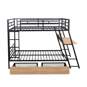 English Elm Full Full Size Metal Bunk Bed with Built-in Desk, Light, 2 Drawers, Shelves, Sturdy Space-Saver Black GX001517AAB