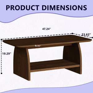 English Elm Modern 47" minimalist coffee table with double-tier storage, rounded safety edges, MDF wood finish, anti-slip pads, easy assembly, versatile décor piece W1727P356443