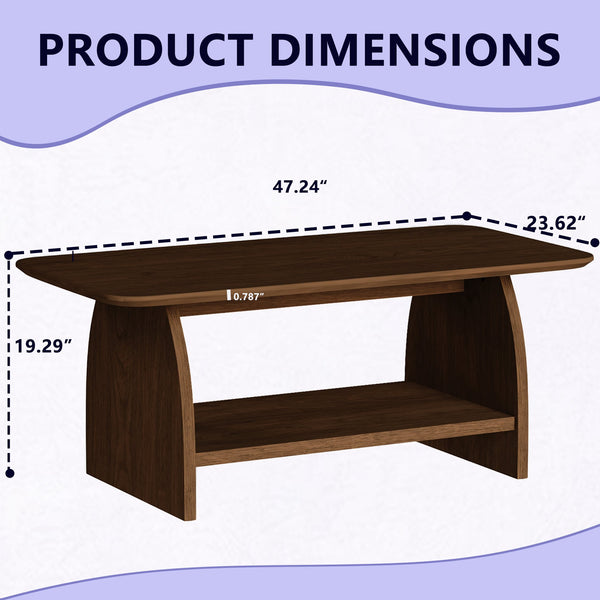 English Elm Modern 47" minimalist coffee table with double-tier storage, rounded safety edges, MDF wood finish, anti-slip pads, easy assembly, versatile décor piece W1727P356443