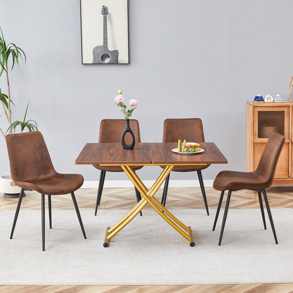 English Elm Table and Chair Set Adjustable Height Wood Grain Top Gold Legs Four Cushioned Seats W1151S04343