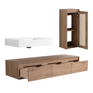 English Elm 60 Inch Wall-Mounted Bathroom Vanity Set With Resin Sink, Soft-Close Drawers & Side Cabinet Storage W999S00357
