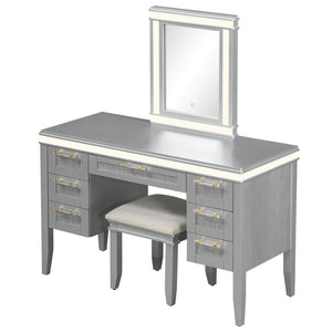 English Elm 48" Makeup Vanity Desk with Led Mirror Bamboo Weave Drawers Cushioned Stool Bedroom Grayish Blue N704P337484E