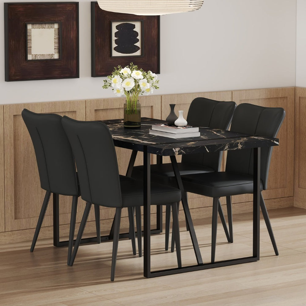 English Elm Table Modern Black Marble Mdf Dining Set With 4 Stylish Pu Chairs - Perfect For Kitchen & Dining Room W1151S02525-GIGA