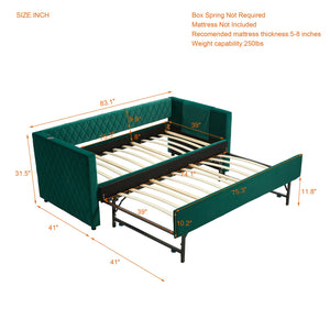 English Elm Emerald velvet daybed with diamond tufted pull-out trundle, modern sturdy frame, luxe guest bed for living spaces W1361S00033