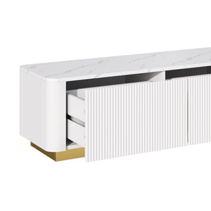 English Elm ON-TREND Fluted TV Stand with Faux Marble Top and Gold Base — 78.7" Modern Media Console with 4 Drawers White N721P298025K