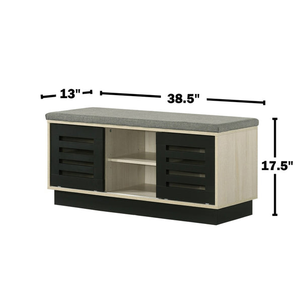 English Elm 38.5"w Oak Entryway Shoe Cabinet Sliding Doors Upholstered Bench Seat Storage B016P416189