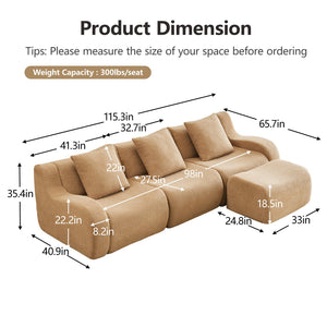 English Elm Boneless 3-Seat Sofa In Camel, Premium Teddy Fabric, No Assembly, Ergonomic Design, Anti-Slip Base W714S01432