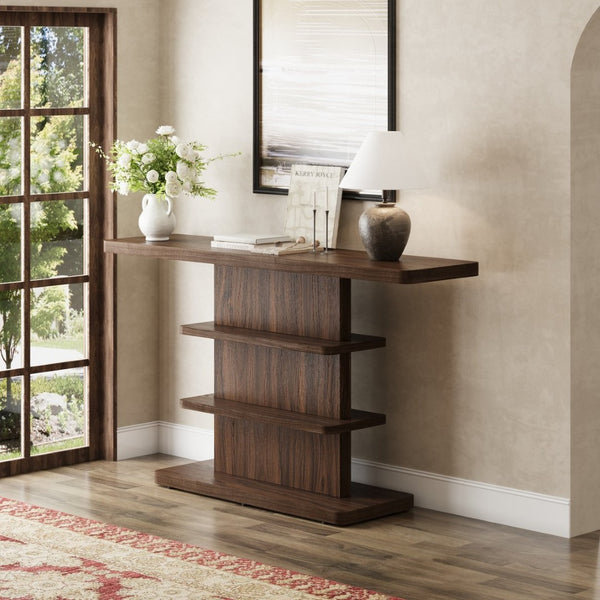 English Elm 63"vintage Walnut Console Table Two Open Shelves Slim Hallway Living Room Accent W757P399696