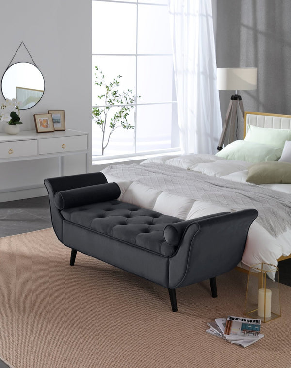 English Elm Vintage Velvet Tufted Storage Bench Mid Century Button Seat Entryway Bedroom Footstool Black+ Gray W2795P428652