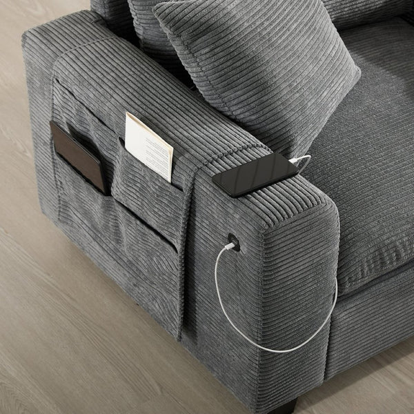 English Elm 139'' U-shaped Corduroy Sectional with Ottoman Console Usb Port and Cup Holders for Living Gray N723S1166E