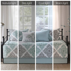 JLA Home Madison Park - 6 Madison Park Claire Reversible Twin Daybed Set - Quilted Aqua Grey Botanical Diamond & Stripes, 6pc MP13-3972