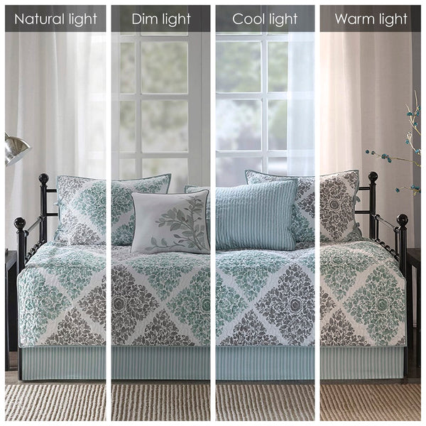 JLA Home Madison Park - 6 Madison Park Claire Reversible Twin Daybed Set - Quilted Aqua Grey Botanical Diamond & Stripes, 6pc MP13-3972