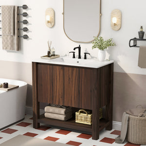English Elm Christopher Knight Home® - 36" Modern Wall-Mounted Bathroom Vanity with Ceramic Sink, Soft-Close Doors, Fluted Accent & Open Shelves Antique brown N817P245321B