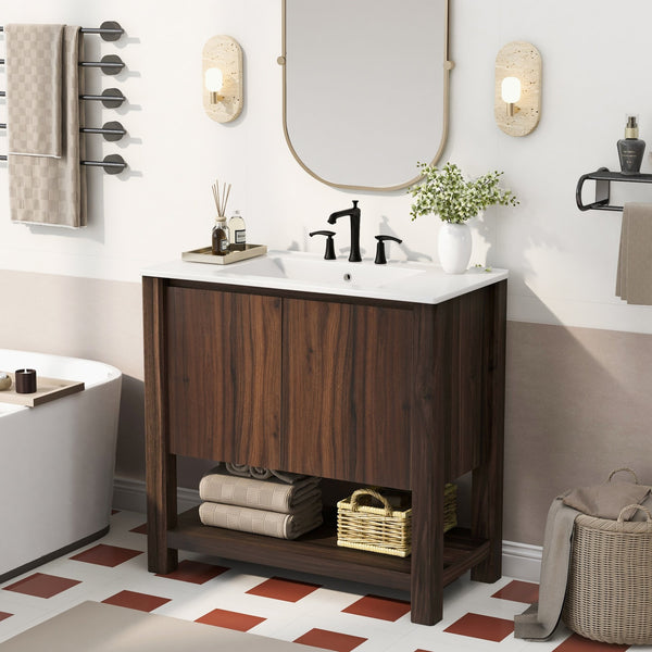 English Elm Christopher Knight Home® - 36" Modern Wall-Mounted Bathroom Vanity with Ceramic Sink, Soft-Close Doors, Fluted Accent & Open Shelves Antique brown N817P245321B