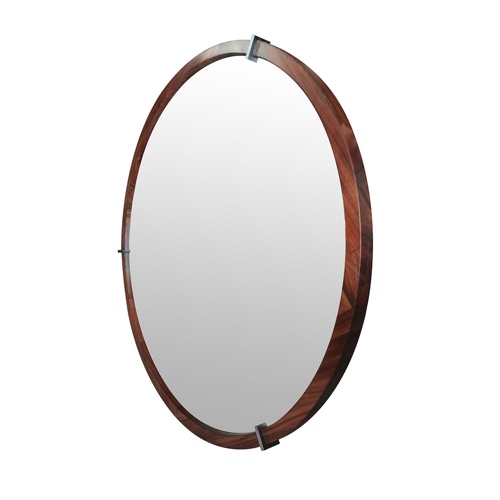 English Elm Jennifer Taylor Home - Hausen 31.5" Mid-Century Round Wall Mirror with Walnut Veneer, Gunmetal Accents, Spacious Glow B2719P246002
