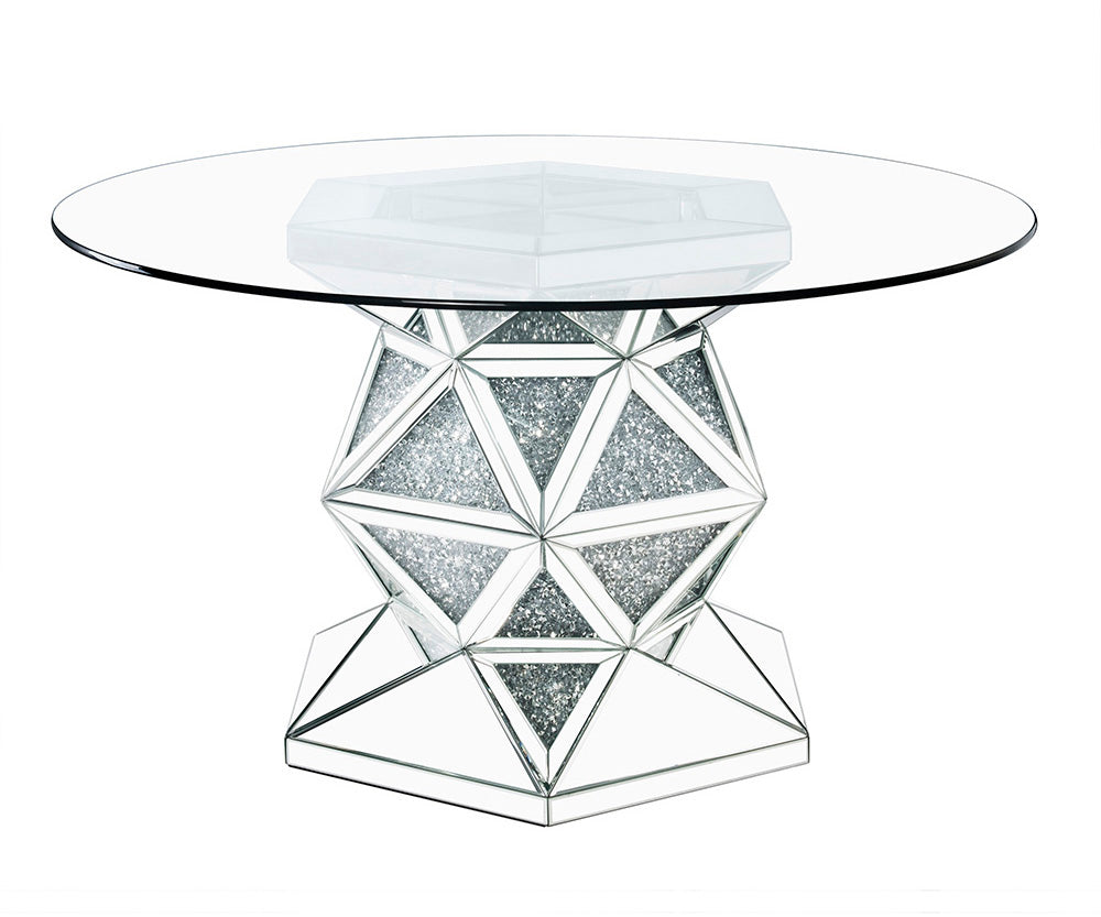 English Elm Noralie Mirrored & Faux Diamond Round Dining Table with 12mm Tempered Glass Top, Silver Elegance B2726S00289