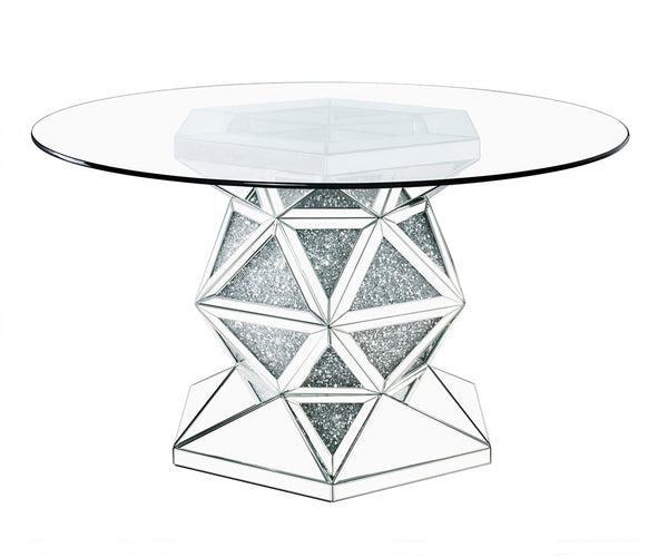 English Elm Noralie Mirrored & Faux Diamond Round Dining Table with 12mm Tempered Glass Top, Silver Elegance B2726S00289